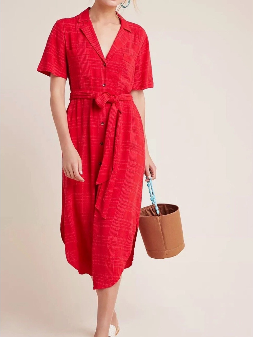 Anthropologie by Maeve Red Button-Front Tie-Waist Midi Dress